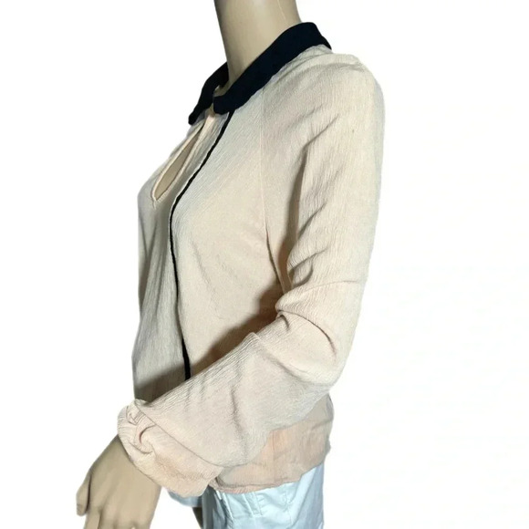 ZARA Pale Pink Peasant Blouse Black Collar Key Hole Detail Long Sleeve Medium - Picture 5 of 10